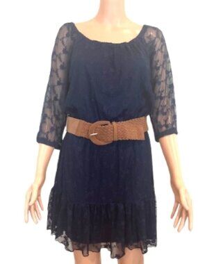 Urban Hearts Navy Lace Dress Sheer Sleeves Ruffle Hem Belted Boho Size L
